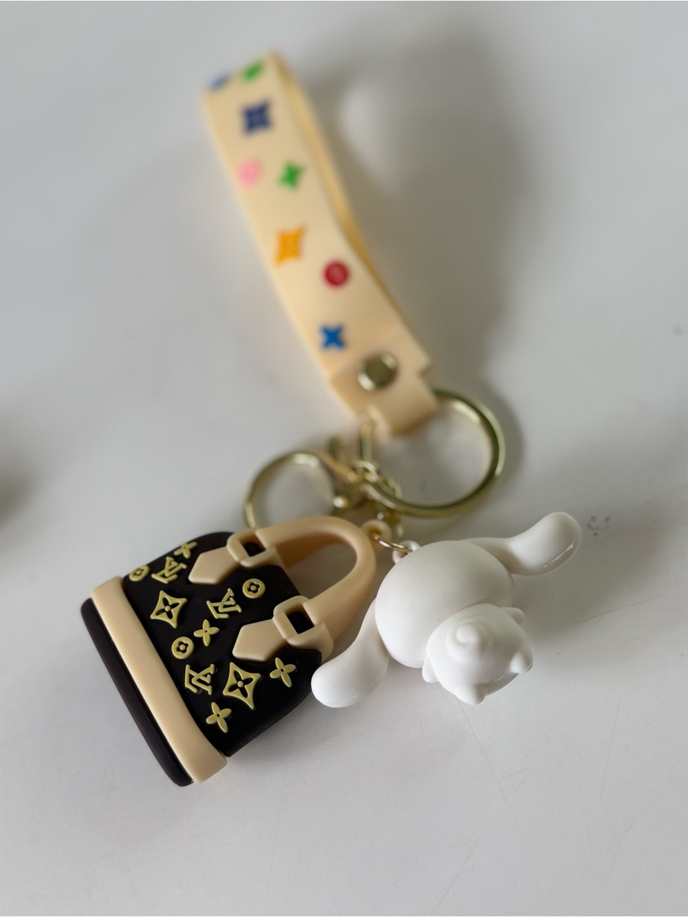 Beige Strap Keychain with Black Monogram Purse and White Character Charm - Picture 2 of 2